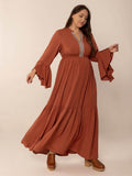 Plus Size Ruffled Notched Long Sleeve Midi Dress - Hovatok