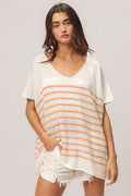 BiBi V Neck Striped Short Sleeve Top - Hovatok