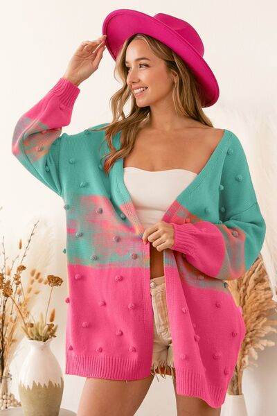 BiBi Color Block Ponpon Sweater Cardigan - Hovatok