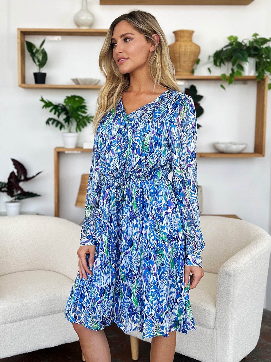 Double Take Full Size Printed Drawstring Waist Long Sleeve Dress - Hovatok
