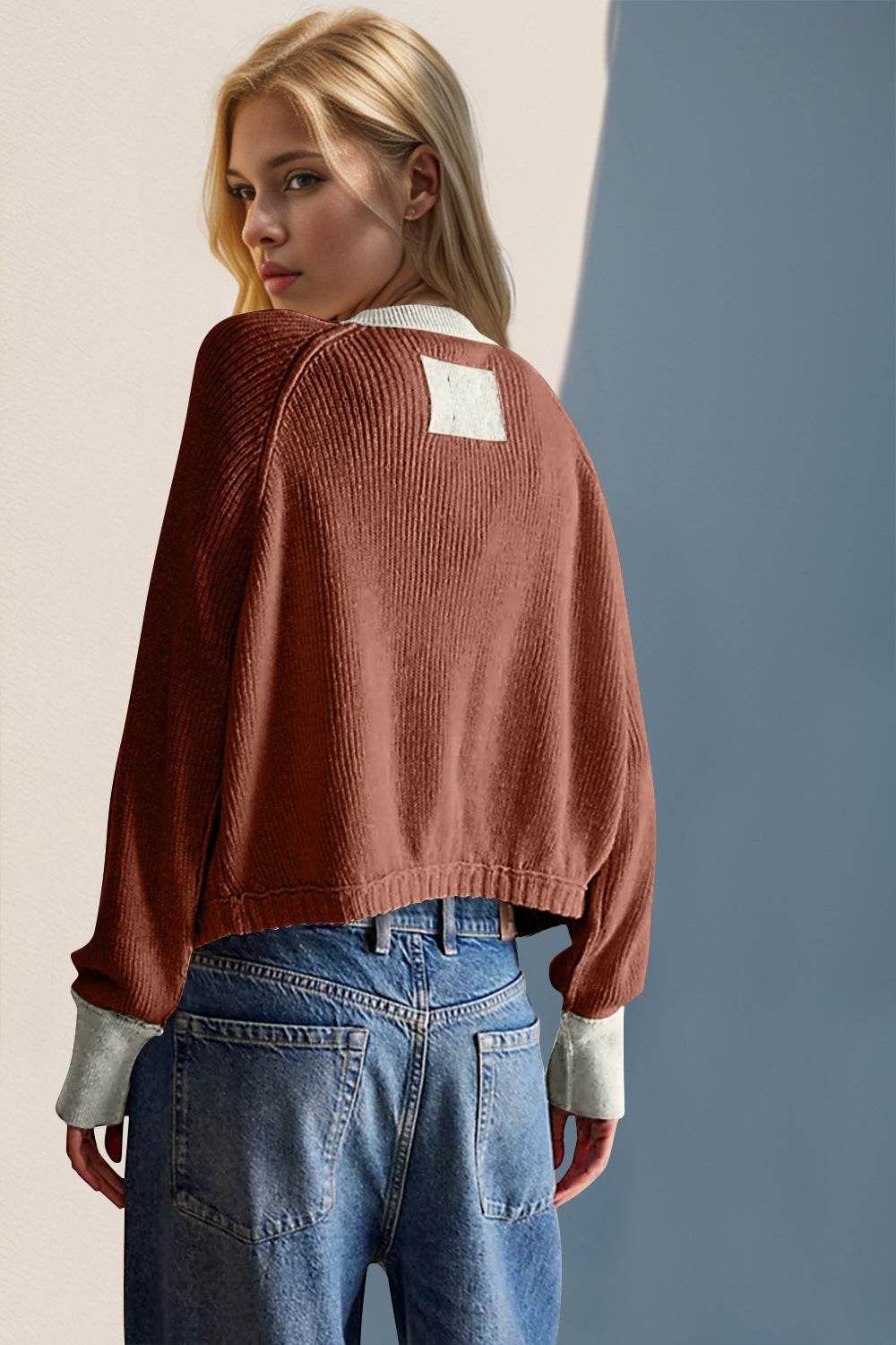 Double Take Contrast Button Up Long Sleeve Cardigan - Hovatok