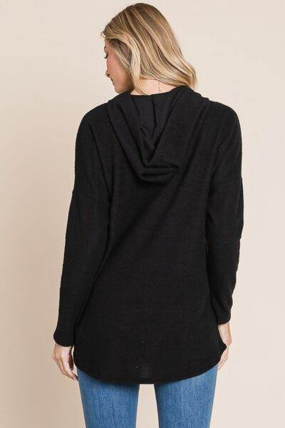 BOMBOM Contrast Drawstring Drop Shoulder Knit Hoodie - Hovatok