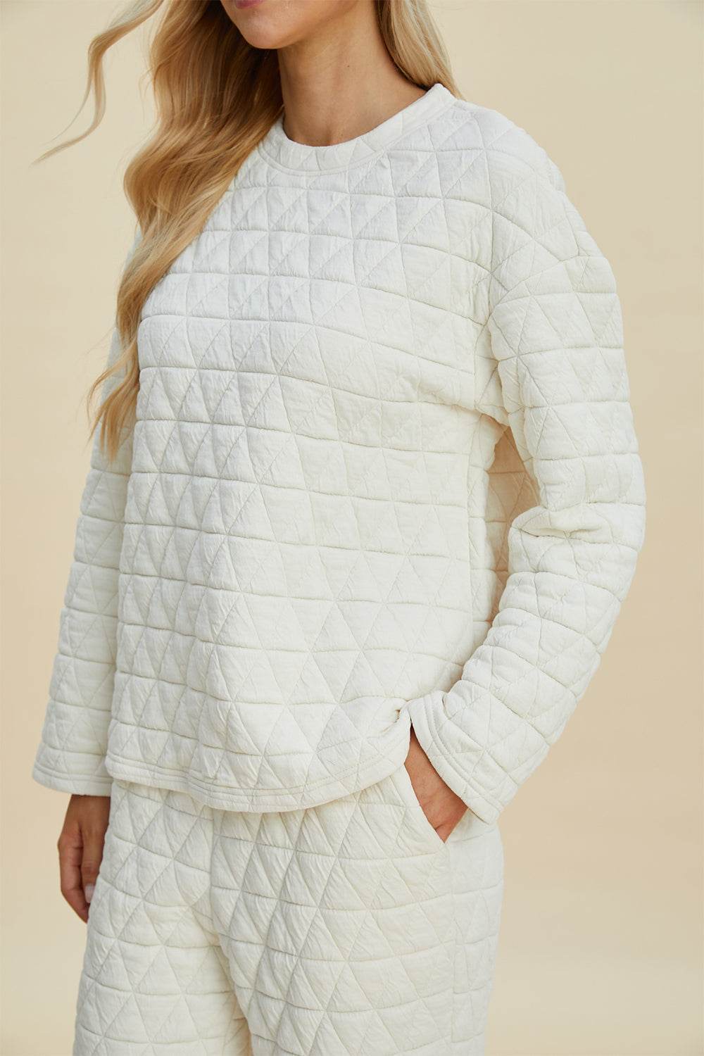 Double Take Full Size Texture Round Neck Long Sleeve Top and Pants Set - Hovatok