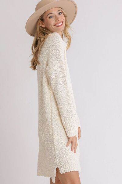 Umgee Full Size High Low Long Sleeve Boucle Sweater Dress Plus Size - Hovatok