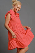 Umgee Full Size Johnny Collar Ruffle Cap Sleeve Tiered Dress Plus Size - Hovatok