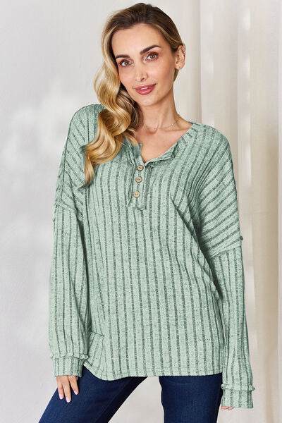 Basic Bae Full Size Ribbed Half Button Long Sleeve T-Shirt - Hovatok