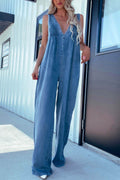 V-Neck Wide Leg Denim Jumpsuit - Hovatok