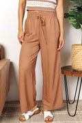 Double Take Drawstring Smocked Waist Wide Leg Pants - Hovatok