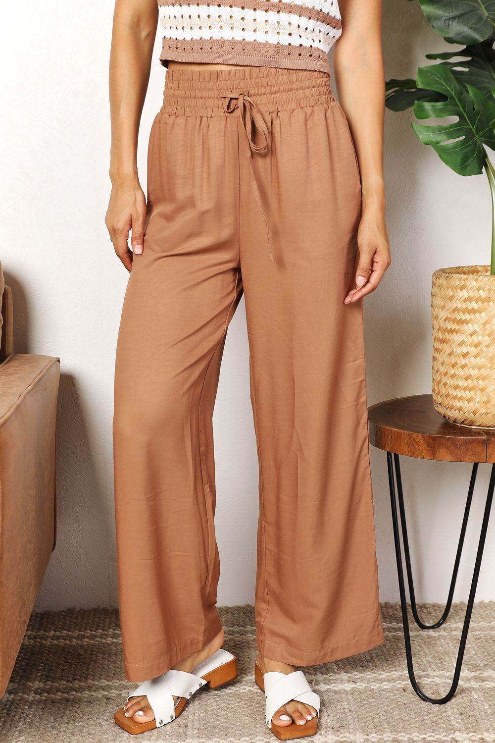 Double Take Drawstring Smocked Waist Wide Leg Pants - Hovatok
