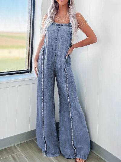 Exposed Seam Washed Wide Leg Denim Overalls - Hovatok