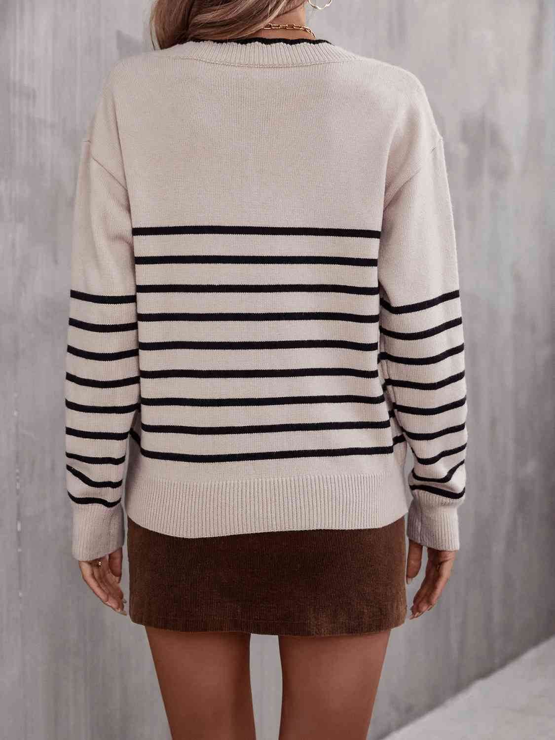 Angel Wings Striped V-Neck Drop Shoulder Sweater - Hovatok