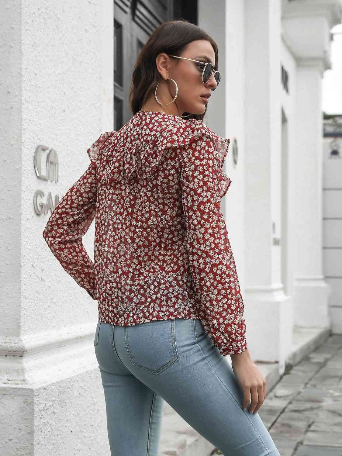 Printed Statement Collar Long Sleeve Blouse - Hovatok