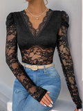 Perfee Lace V-Neck Long Sleeve Bodysuit - Hovatok