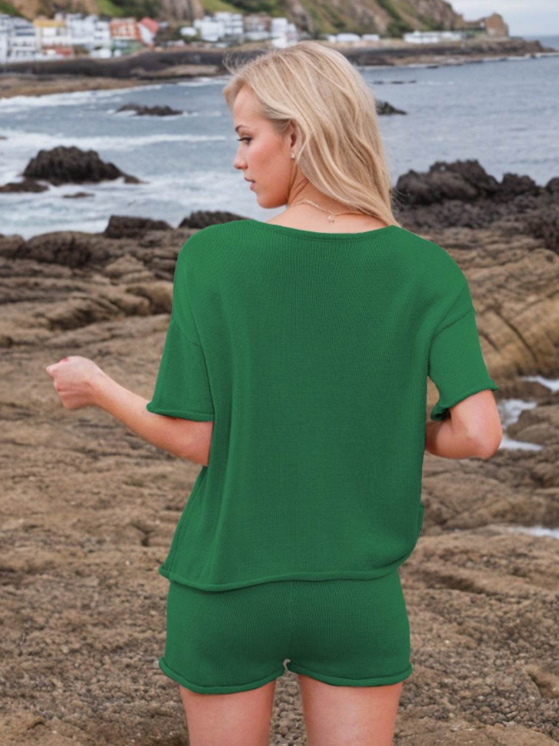 Round Neck Short Sleeve Top and Shorts Sweater Set - Hovatok