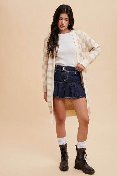 Annie Wear Checkered & Striped Open Front Long Sleeve Cardigan - Hovatok