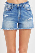 RISEN Full Size High Rise Distressed Raw Hem Denim Shorts - Hovatok