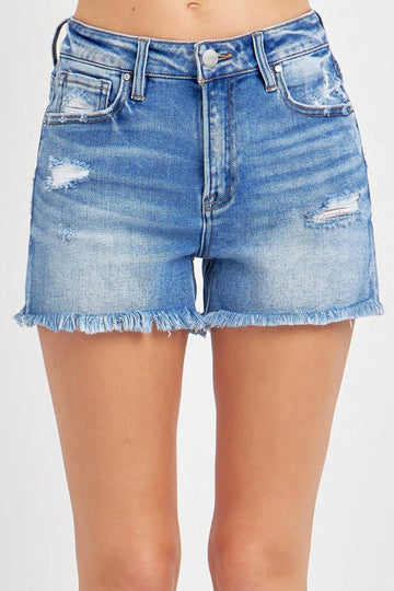 RISEN Full Size High Rise Distressed Raw Hem Denim Shorts - Hovatok