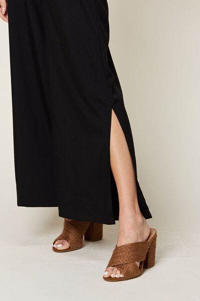 Double Take Full Size V-Neck Tied Side Slit Jumpsuit - Hovatok
