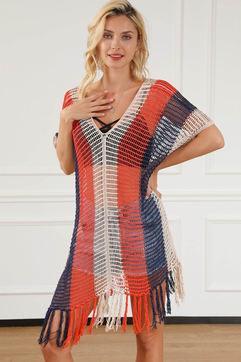 Tassel Color Block V-Neck Cover Up - Hovatok