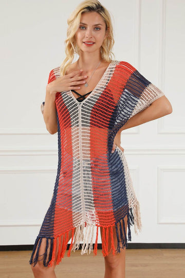 Tassel Color Block V-Neck Cover Up - Hovatok