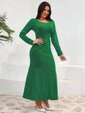 Ruched Round Neck Long Sleeve Dress - Hovatok