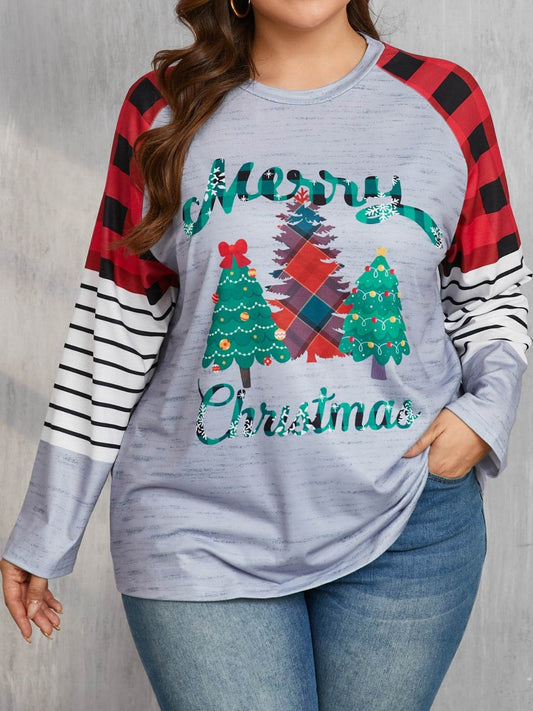 Plus Size Christmas Tree Plaid Round Neck Long Sleeve T-Shirt - Hovatok