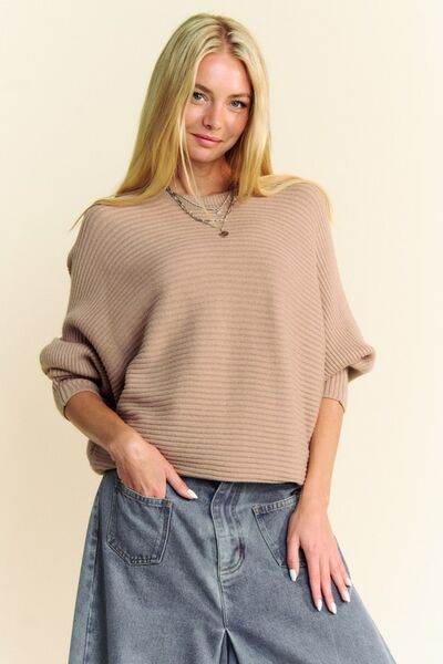 Davi & Dani Round Neck Batwing Sleeve Sweater - Hovatok