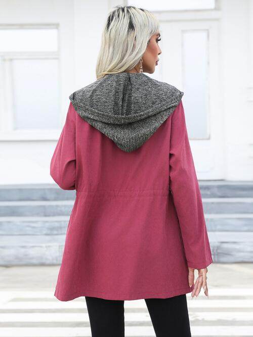 Zip Up Drawstring Hooded Trench Coat - Hovatok