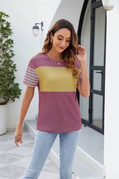 Color Block Round Neck Short Sleeve T-Shirt - Hovatok