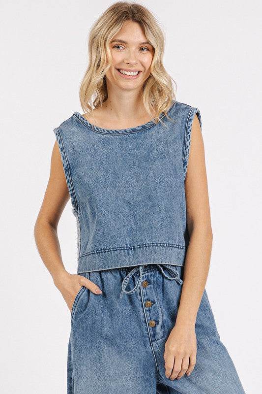 Mittoshop Washed Denim Distressed Detail Crop Tank - Hovatok