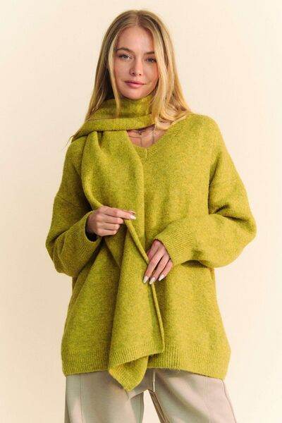 Davi & Dani V-Neck Dropped Shoulder Sweater with Scarf - Hovatok