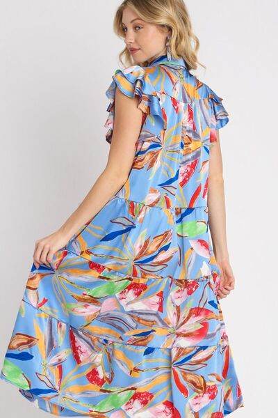 Umgee Full Size Leaf Print Double Layered Ruffle Sleeve Tiered Midi Dress Plus Size - Hovatok