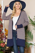 Celeste Full Size Striped Button Up Long Sleeve Cardigan Plus Size - Hovatok