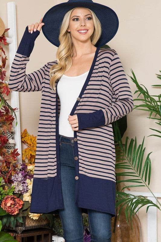 Celeste Full Size Striped Button Up Long Sleeve Cardigan Plus Size - Hovatok
