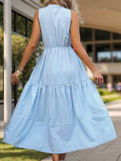 Striped Notched Sleeveless Midi Dress - Hovatok