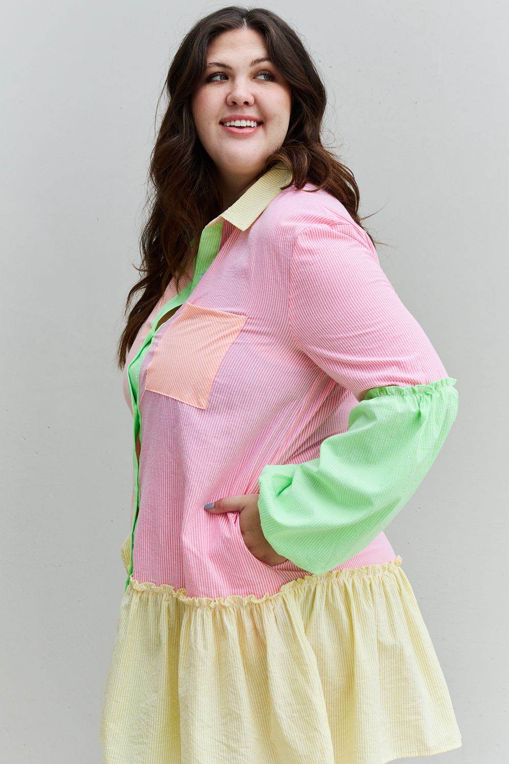 Davi & Dani Flying Colors Full Size Colorblock Long Sleeve Shirt Dress - Hovatok