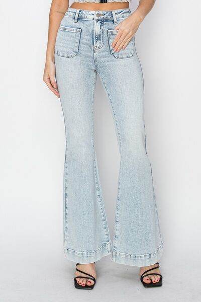 Risen Full Size High Rise Front Patch Pocket Flare Jeans - Hovatok