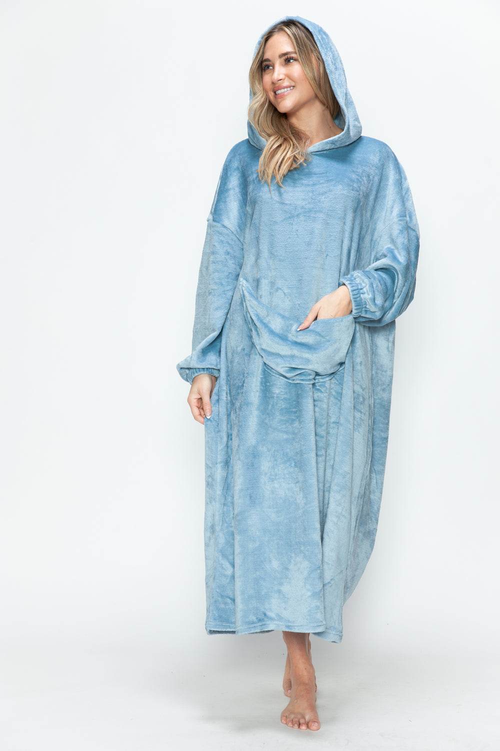 Double Take Full Size Pocketed Hooded Midi Lounge Dress - Hovatok