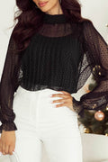 cami and Lace Sheer Mock Neck Long Sleeve Blouse - Hovatok