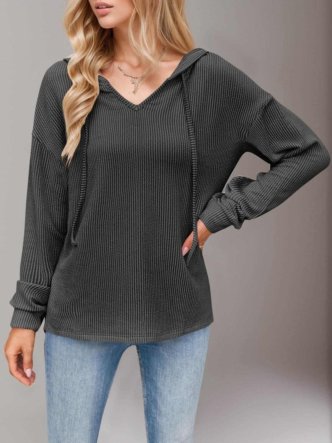 Double Take Drawstring Dropped Shoulder Long Sleeve Hoodie - Hovatok