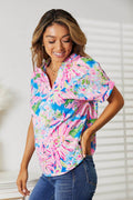 Double Take Floral Notched Neck Short Sleeve Top - Hovatok