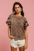 BiBi Leopard Crochet Trim Round Neck Short Sleeve Top - Hovatok