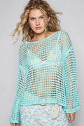 POL Side Slit Openwork Long Sleeve Knit Cover Up - Hovatok