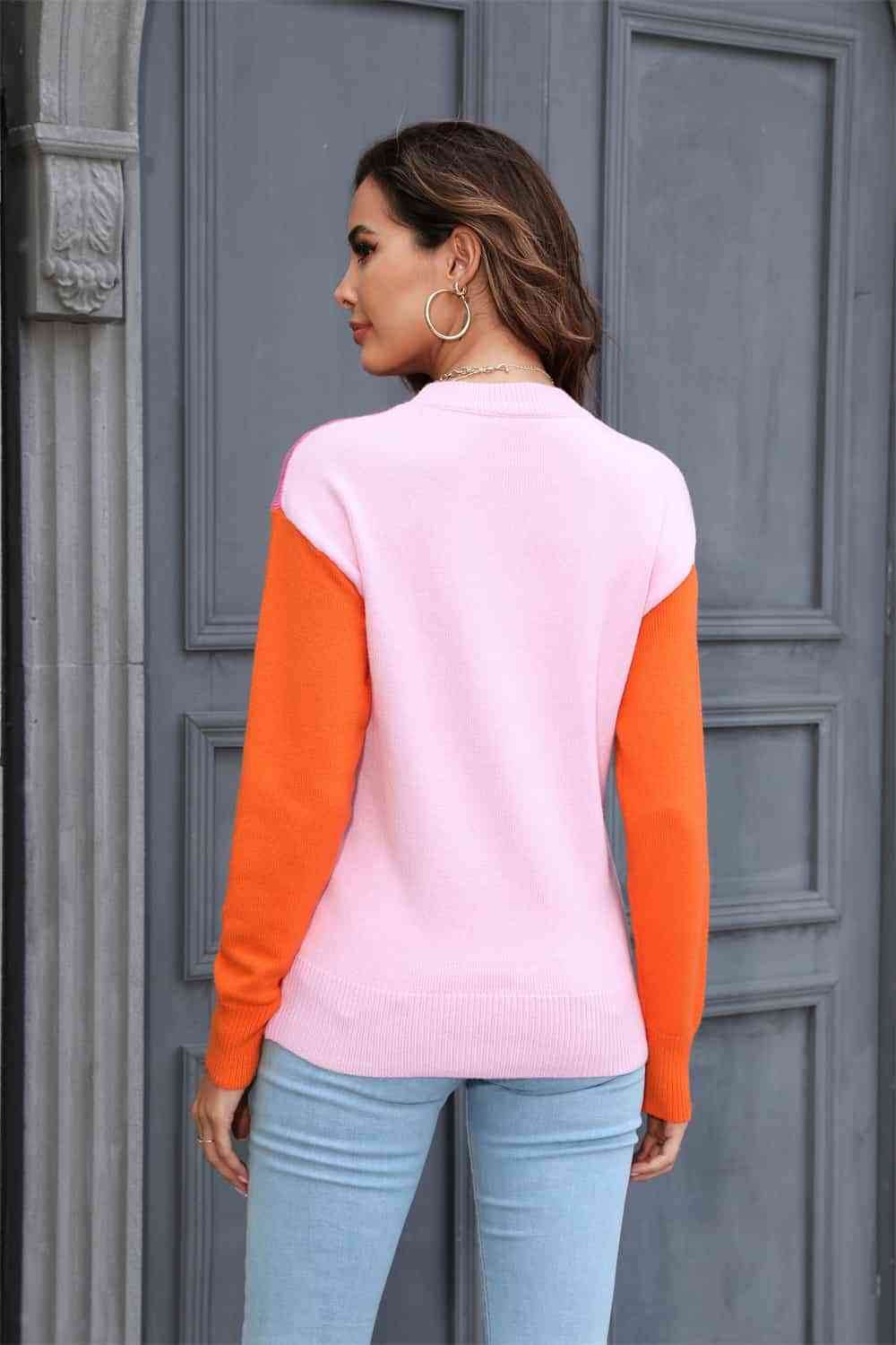 Angel Wings Round Neck Contrast Color Dropped Shoulder Sweater - Hovatok
