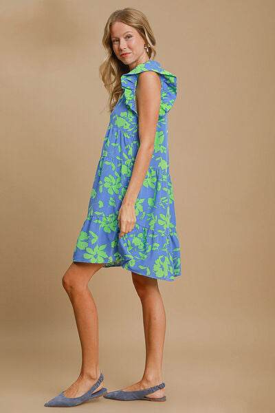 Umgee Full Size Floral Print Ruffle Cap Sleeve Tiered Dress Plus Size - Hovatok