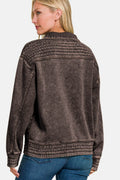 Zenana Acid Washed Half Snap Fleece Sweatshirt - Hovatok
