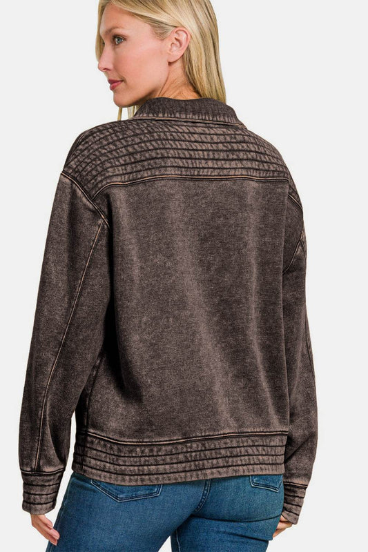 Zenana Acid Washed Half Snap Fleece Sweatshirt - Hovatok