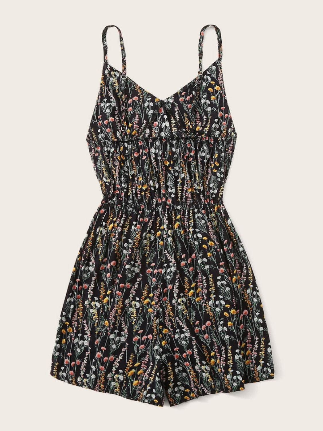 Printed V-Neck Spaghetti Strap Romper - Hovatok