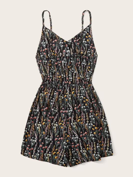 Printed V-Neck Spaghetti Strap Romper - Hovatok