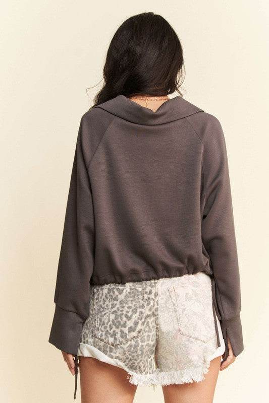 Davi & Dani Drawstring Hem Half Zip Raglan Sleeve Sweatshirt - Hovatok